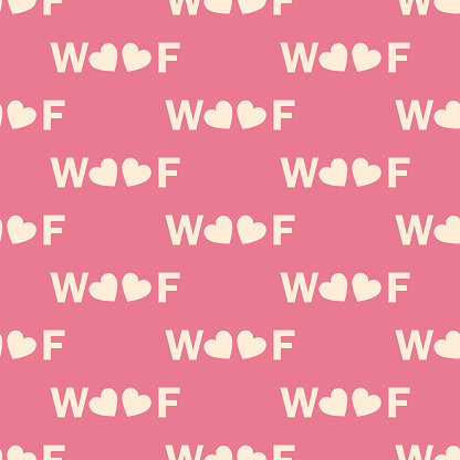 Seamless pattern of inscriptions Woof on a pink background