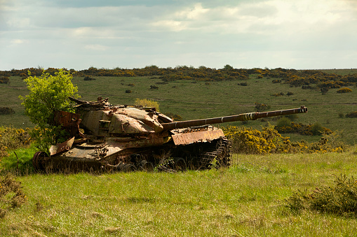 A wrecked tank on the UKs vast Salisbury Plain military training area in Wiltshire, which (since Wrold War Two) has been used by The British Army and NATO forces, and has latterly been used to train Ukrainian troops.