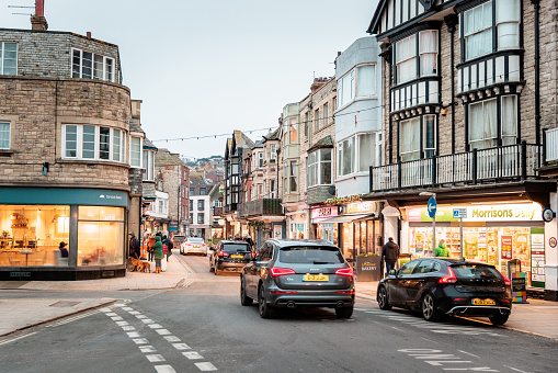 Shops and commerical downtown area of the Swanage, coastal town on Dorset England, evening winter