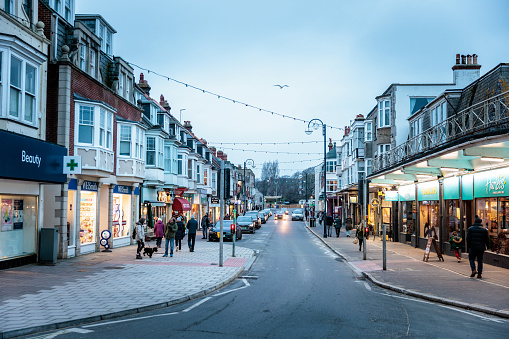 Shops and commerical downtown area of the Swanage, coastal town on Dorset England, evening winter