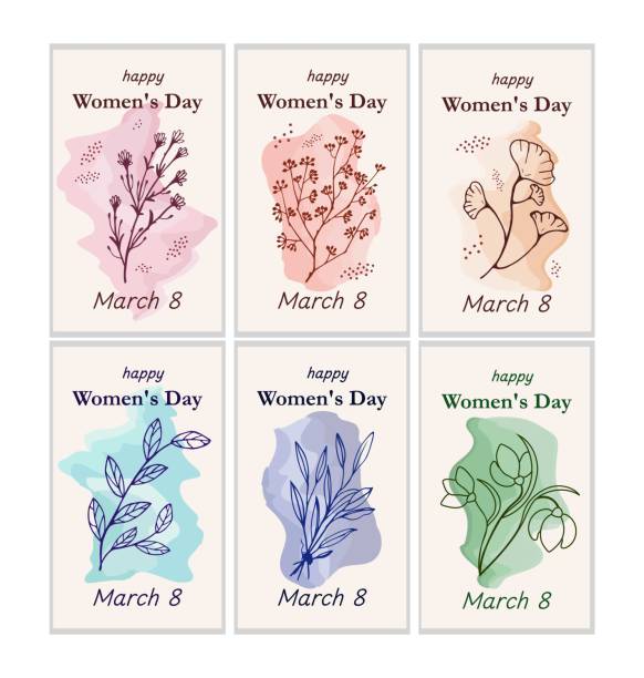 illustrations, cliparts, dessins animés et icônes de cartes pour le 8 mars avec des feuilles, des fleurs sur fond de vague. thème fleurs, femmes, printemps, tendresse. - chamomile chamomile plant flower herb