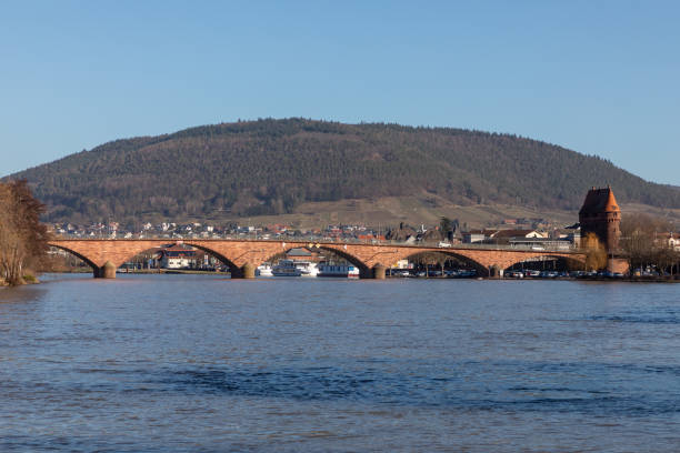 old historic brick bridge spanning river Main in Marktheidenfeld, Bavaria, Germany