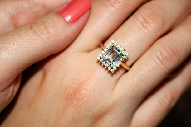 istock Woman Hand Ring. Hand With Ring. Blue Topaz Gold Ring Square Stone. Blue Gemstone 1988058263