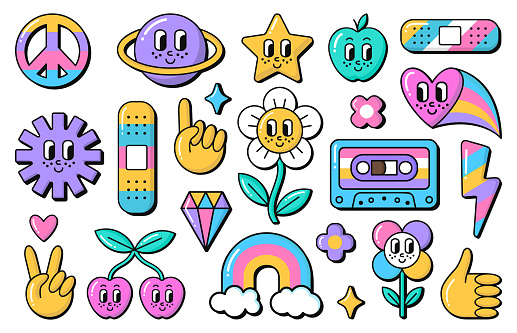 Retro nostalgic groovy 90s stickers. Vintage doodle style rainbow, cherry, heart and peace symbols. Funny star, smiley daisy flower, magic crystal, medical patch signs. EPS 10 vector illustrations.