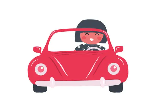 Vector illustration of Cute little girl in a red car. Girl rides a toy retro car. Red cabriolet