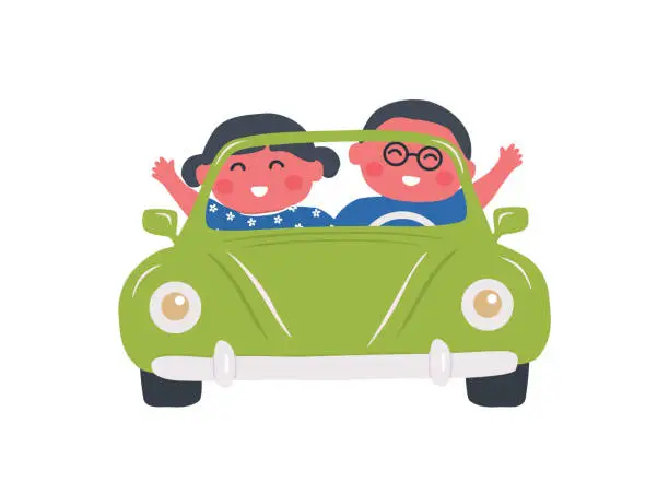 Vector illustration of Cute little children in green car. Kids smiles and waves their hands. Boy and Girl ride a retro car