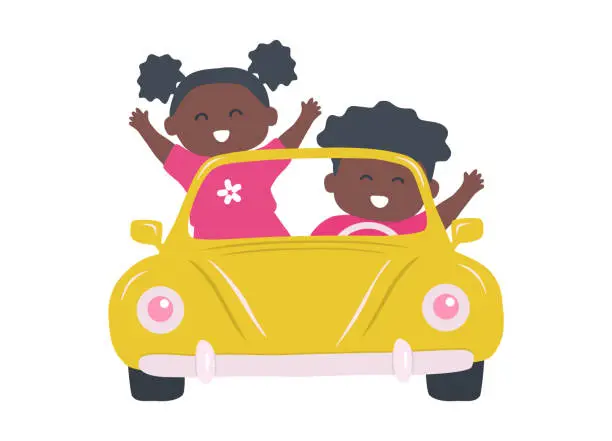 Vector illustration of Cute black children in yellow car. Kids smiles and waves their hands. Boy and Girl ride a toy retro car