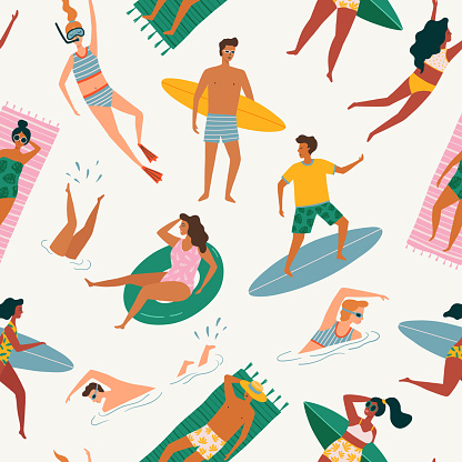 Vector seamless pattern with cartoon people lying on beach and sunbathing, surfers carrying surfboards. Men and women relaxing near the ocean. Summertime beach vector illustration. Flat design.