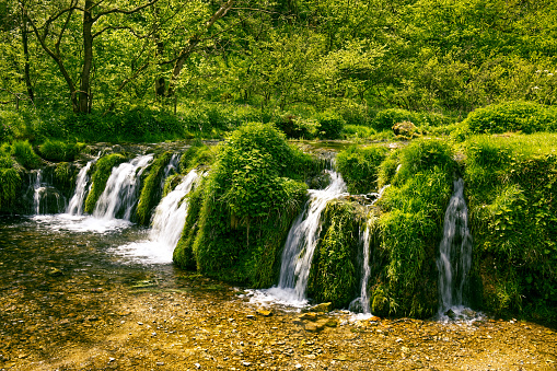 River Lathkill waterfall in woodland at Lathkill Dale near Over Haddon, Peak District, Derbyshire, England, UK. Shot on beautiful walk along the river.