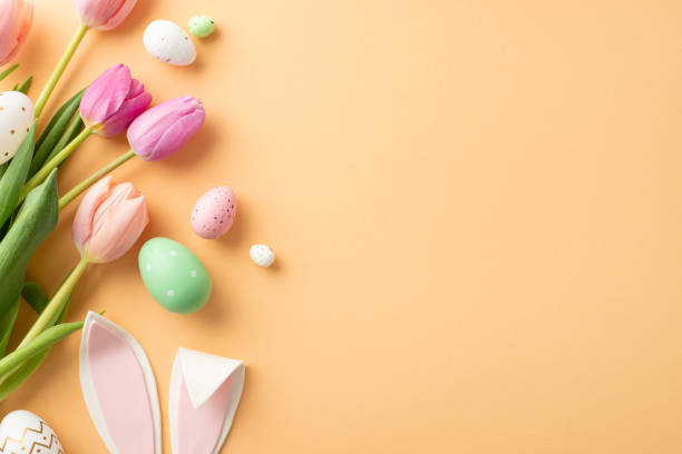 istock Festive Pastels: Top view image showcasing lively eggs, playful bunny ears, and tulips on a soft orange background. Open space invites personalized messages or ads, encapsulating Easter April ambiance 1988081528