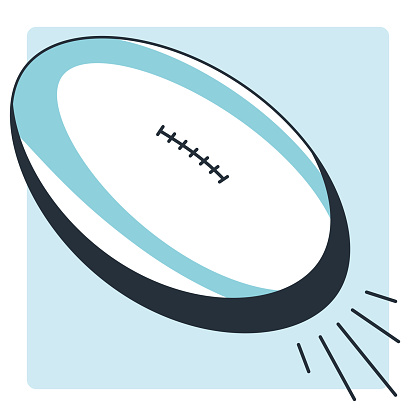 Line illustration of a rugby ball in flight with blue tone and shadow