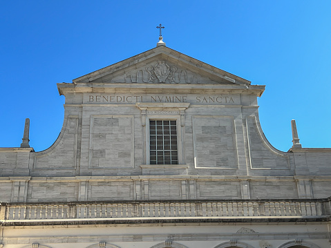 Monte Cassino, Italy, September 29, 2023: Detail of the facade of one building in the Benedictine abbey on Monte Cassino in Italy.