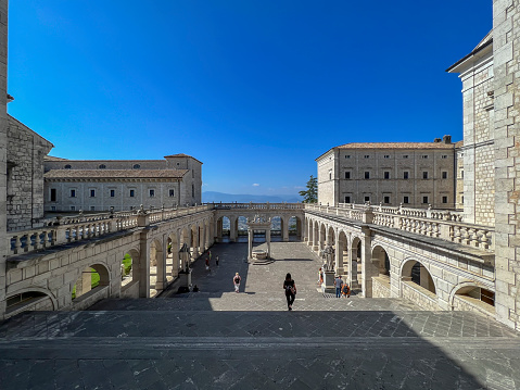 Monte Cassino, Italy, September 29, 2023: Inner square, courtyard at the Benedictine Abbey of Monte Cassino in Italy
