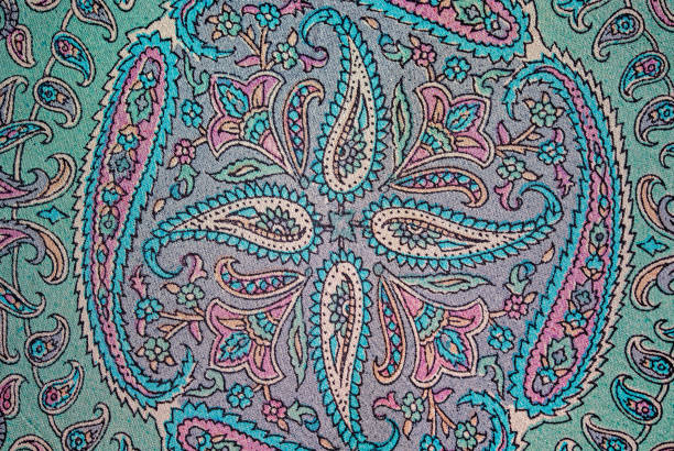Close up fabric texture detail with colorful and ornaments