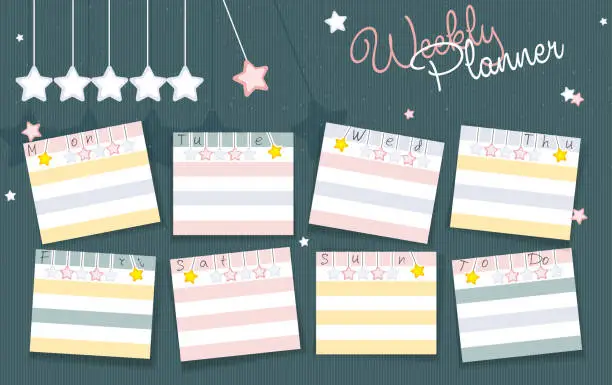 Vector illustration of Weekly schedule in cartoon style. Weekly to-do list with pillows and stars in the clouds on an abstract color background.