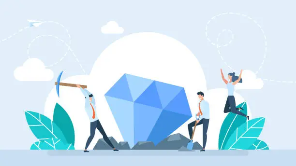Vector illustration of A team digs a diamond out of the ground with pickaxe and shovel. Businessman digging and mining to find treasure. Hard Worker. Business concept of persistent work will gain result. Vector illustration