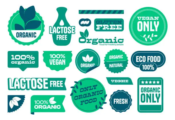 Vector illustration of Organic food labels. Eco vegetarian, gluten and lactose free stamps with leaf, natural farm fresh product icons. Vector healthy diet ecology badges collection