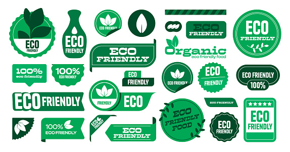 Eco friendly logo. Eco green leaf label, natural organic concept, energy conservation and recycling, organic product stamp. Vector isolated set. Package badges of different shapes for retail