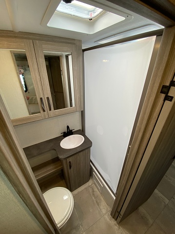 The bathroom of a RV travel trailer