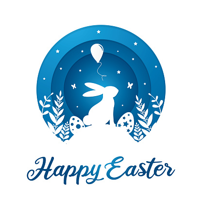 Blue coloured paper cut Easter bunny illustration with Easter eggs and Happy Easter text isolated on white background.