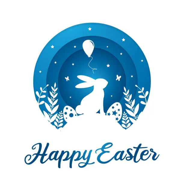 Vector illustration of Paper cut blue Happy Easter illustration