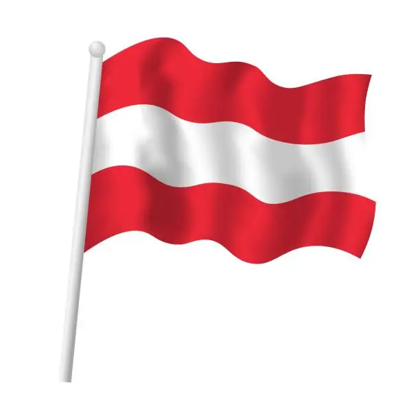 Vector illustration of Waving Austria flag on flagpole. Austrian striped tricolor flag vector isolated object illustration