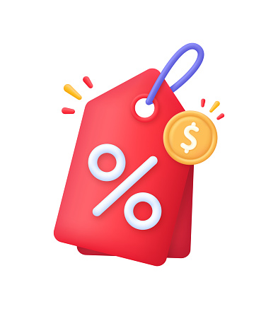 3D Discount offer tag icon. Sales with an excellent offer. Black Friday discount banner or coupon. Special offer promotion. Trendy and modern vector in 3d style
