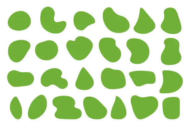 Vector illustration of Abstract blob curved shapes. Set of green simple rounded elements. Fluid blot forms flat collection