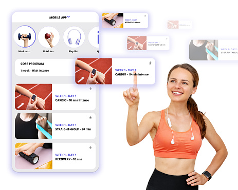 Sporty woman in sportswear choosing fitness workout in mobile app. Virtual screen infographics and female sporty person.