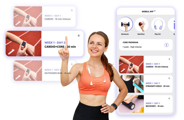istock Female athlete selects a workout program on a virtual screen. Online fitness and interface of fitness mobile app. 1988190141