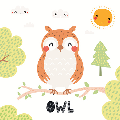 Hand drawn vector illustration of a cute owl in the forest, woodland landscape, with text. Isolated objects on white background. Scandinavian style flat design. Concept for children print.