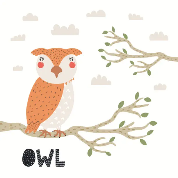 Vector illustration of Cute funny owl on tree branch, woodland landscape,