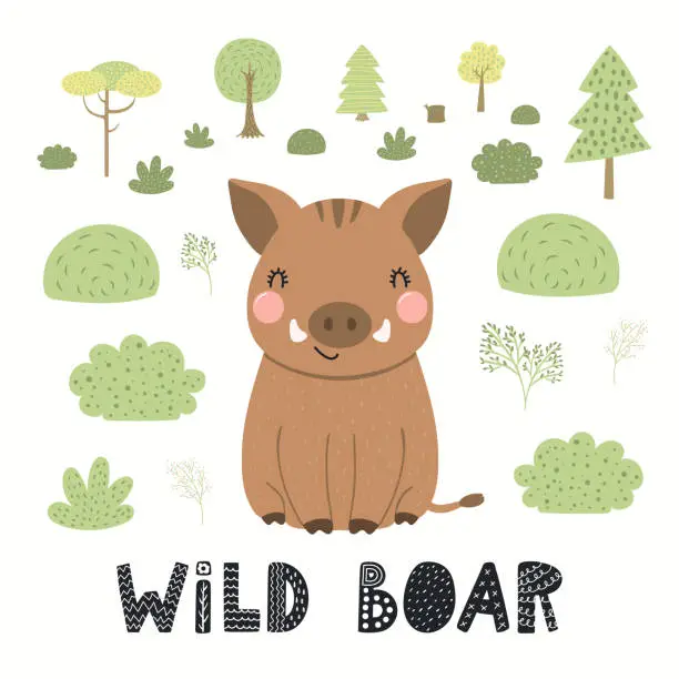 Vector illustration of Cute funny wild boar in forest, woodland landscape