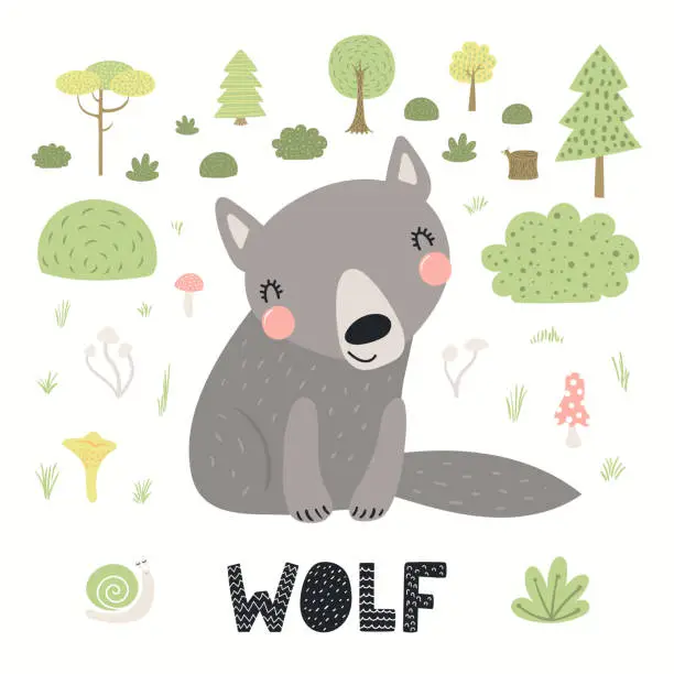 Vector illustration of Cute funny wolf in forest, woodland landscape