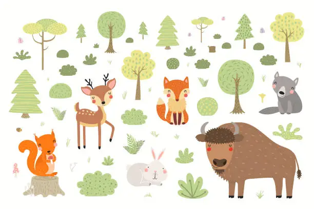 Vector illustration of Cute wild animals forest scene, woodland landscape