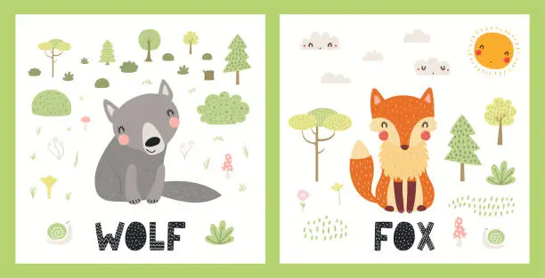Vector illustration of Cute funny woodland animals posters, cards set