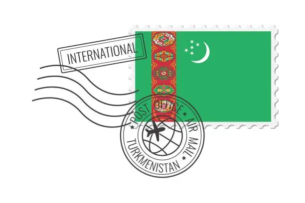 Vector illustration of Turkmenistan  postage stamp. Postcard vector illustration with national flag of Turkmenistan isolated on white background.