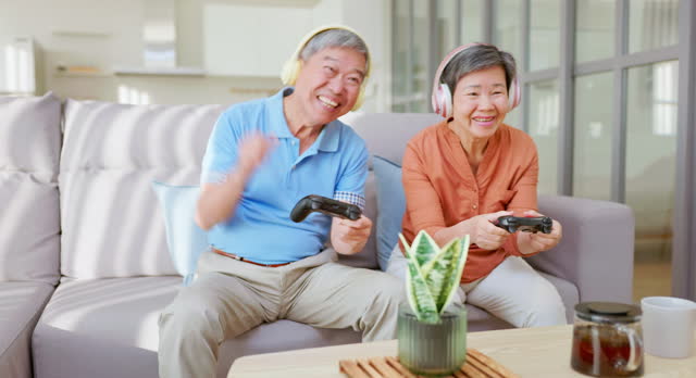 elderly couple play video game