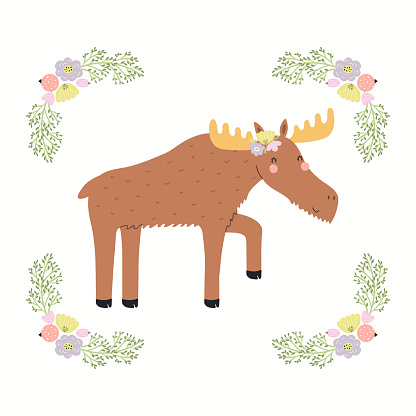 Cute funny moose in floral frame isolated on white. Hand drawn wild animal, flowers vector illustration. Scandinavian style woodland. Flat design. Concept for kids fashion, textile print, poster, card