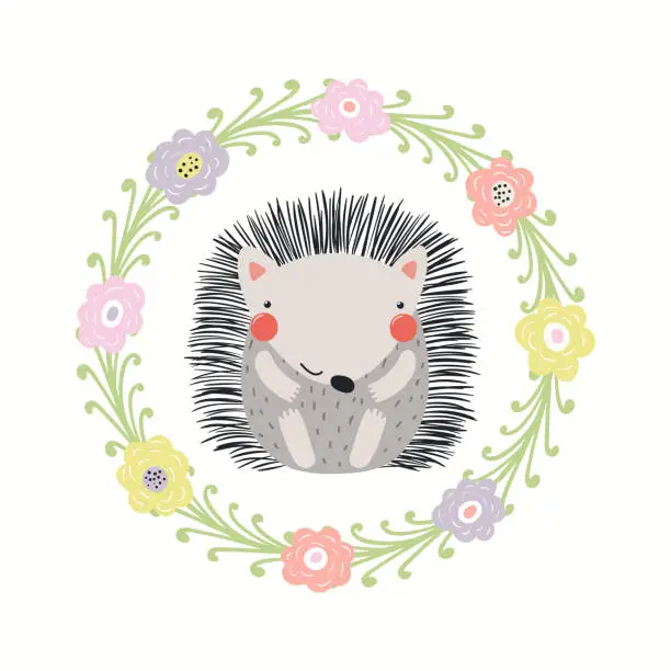 Vector illustration of Cute funny hedgehog in floral frame, isolated