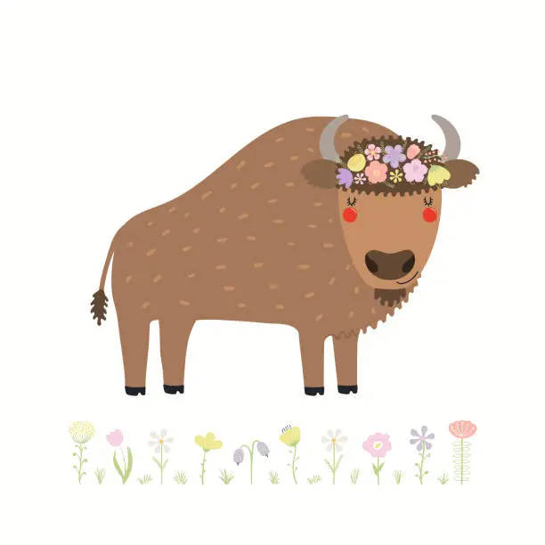 Vector illustration of Cute funny bison in flower wreath, isolated