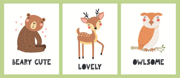 ilustraciones, imágenes clip art, dibujos animados e iconos de stock de cute funny woodland animals posters, cards set - owl baby shower spring young animal