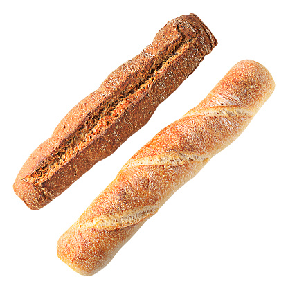 Buckwheat and wheat baguette. French baguette isolated on white background.