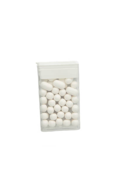 istock Tasty mint dragee candies with box isolated on white background. 1988224608