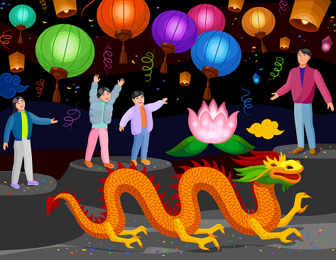 A vibrant and enchanting vector illustration capturing the essence of a Lantern Festival. The scene comes alive with a majestic dragon, surrounded by a joyful family releasing lanterns into the night. This artwork encapsulates the magic and warmth of the Lantern Festival, inviting viewers to join in the festivities of light and joy.