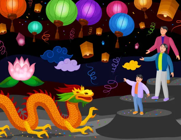 Vector illustration of Lantern Festival, Lantern Serenity, A Dragon's Dance of Light with Family Bliss