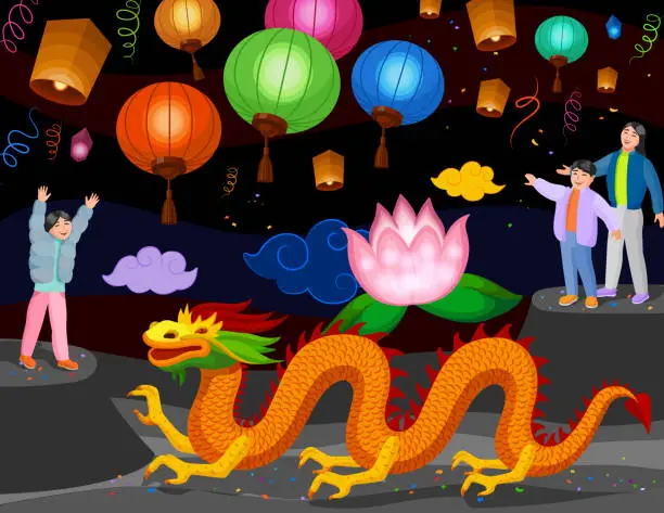Vector illustration of Lantern Festival, Lantern Serenity, A Dragon's Dance of Light with Family Bliss