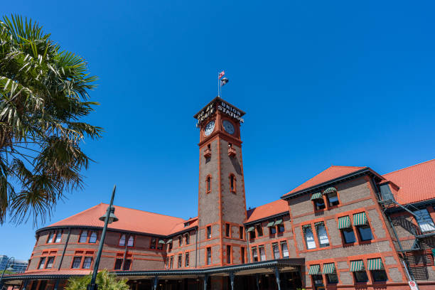 A wide-angle photo of the front of Portland Union Station which services Amtrak on a clear sunny day.