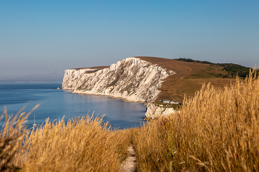 Looking towards the chalk cliffs at Freshwater Bay on the Isle of Wight, on a sunny summer's morning