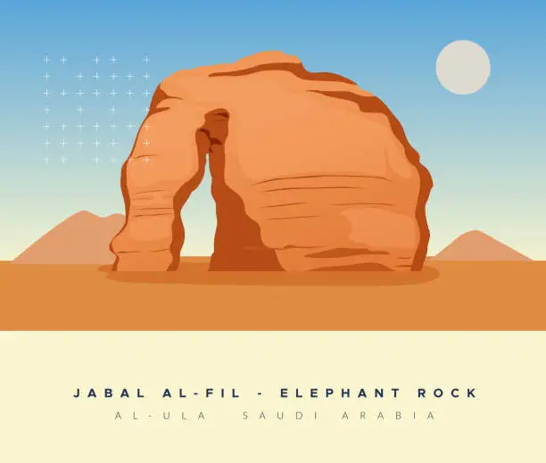 Vector illustration of Jabal Al-Fil - Elephant Rock in Al-Ula, Saudi Arabia  - Stock Illustration